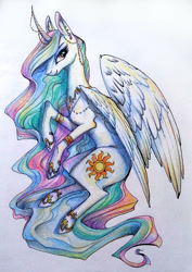 Size: 1062x1500 | Tagged: safe, artist:28gooddays, character:princess celestia, species:alicorn, species:pony, bracelet, colored pencil drawing, ear piercing, earring, female, gradient background, horn, horn jewelry, jewelry, looking at you, mare, piercing, regalia, solo, traditional art