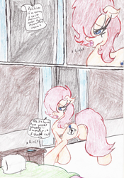 Size: 1528x2188 | Tagged: safe, artist:wyren367, oc, oc:politica segreta, species:pony, comic:politica's rebound, alarm, bed, bedroom, colored pencil drawing, comic, dialogue, female, floppy ears, indoors, mare, note, pillow, sad, speech bubble, talking, traditional art