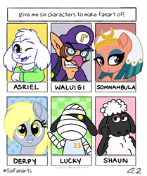 Size: 1072x1280 | Tagged: safe, artist:iheartjapan789, character:derpy hooves, character:somnambula, species:anthro, species:dog, species:goat, species:human, species:pegasus, species:pony, species:sheep, g4, angry, animal crossing, anthro with ponies, asriel dreemurr, bandage, clothing, crossover, female, hat, male, mare, nintendo, one eye closed, shaun the sheep, six fanarts, super mario bros., undertale, waluigi, wink
