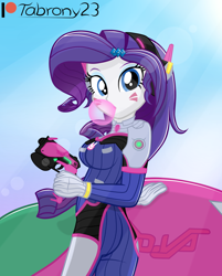 Size: 1224x1522 | Tagged: safe, artist:tabrony23, character:rarity, my little pony:equestria girls, bubblegum, chewing gum, clothing, cosplay, costume, d.va, female, food, gloves, gum, gun, high res, looking at you, overwatch, patreon, patreon logo, sexy, solo, weapon