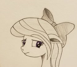 Size: 2083x1805 | Tagged: safe, artist:polar_storm, character:flitter, species:pegasus, species:pony, bow, bust, concerned, female, frown, hair bow, mare, monochrome, neo noir, partial color, simple background, sketch, solo, traditional art, white background