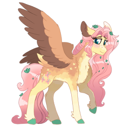 Size: 1280x1280 | Tagged: safe, artist:scarletskitty12, character:fluttershy, species:pegasus, species:pony, blushing, chest fluff, colored hooves, ear fluff, female, leaves in hair, looking at you, mare, neck fluff, raised hoof, simple background, smiling, solo, spread wings, standing, three quarter view, transparent background, two toned wings, unshorn fetlocks, wings