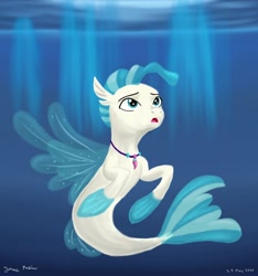 Size: 1280x1366 | Tagged: safe, artist:rockhoppr3, character:terramar, species:seapony (g4), g4, crepuscular rays, cute, fin wings, fins, fish tail, jewelry, looking up, male, necklace, open mouth, signature, solo, sunlight, swimming, terrabetes, underwater, water, wings
