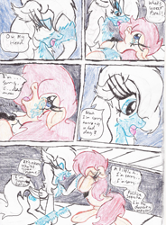 Size: 1572x2140 | Tagged: safe, artist:wyren367, oc, oc:politica segreta, oc:snowbelle, species:earth pony, species:pegasus, species:pony, comic:politica's rebound, angry, chest fluff, comforting, comic, crying, dialogue, ear fluff, female, head in hooves, mare, necktie, on back, outdoors, prone, road, rubbing head, sad, side walk, sitting, speech bubble, tearing up, teary eyes, yelling