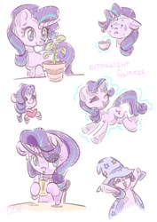 Size: 1240x1754 | Tagged: safe, artist:wavecipher, character:phyllis, character:starlight glimmer, species:pony, species:unicorn, accessory theft, cape, clothing, cup, female, glass, hat, heart, magic, magic aura, solo, starlight wearing trixie's hat, straw, table, teacup, text, trixie's cape, trixie's hat