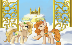 Size: 1920x1200 | Tagged: safe, artist:lunar froxy, character:pear butter, oc, oc:radler, species:earth pony, species:pony, castle, cloud, crying, female, gate, halo, heaven, mare