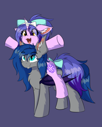 Size: 960x1200 | Tagged: safe, artist:lunar froxy, oc, oc only, oc:avici flower, oc:lunar frost, species:bat pony, species:pony, species:unicorn, bandage, bat pony oc, bat wings, bow, cheek fluff, chest fluff, cute, ear fluff, hair bow, happy, ponies riding ponies, riding, simple background, size difference, tail bow, wings