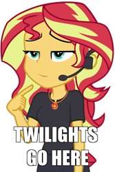 Size: 600x900 | Tagged: safe, artist:famousmari5, edit, editor:drakeyc, character:sunset shimmer, episode:opening night, g4, my little pony: equestria girls, my little pony:equestria girls, caption, clothing, cyoa, director shimmer, female, geode of empathy, headset, image macro, implied lesbian, implied shipping, implied twilight sparkle, jewelry, magical geodes, necklace, opening night: twilight sparkle, pants, pointing, pointing at self, simple background, solo, text, transparent background, unamused, vector