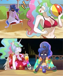 Size: 2835x3402 | Tagged: safe, artist:traupa, character:princess celestia, character:princess luna, species:alicorn, species:anthro, species:pony, episode:between dark and dawn, g4, my little pony: friendship is magic, absolute cleavage, beach, beach ball, belly button, bikini, blushing, brain freeze, breasts, busty princess celestia, busty princess luna, cleavage, clothing, cold, drink, drinking straw, female, food, night, ocean, open mouth, ponytail, royal sisters, siblings, sisters, sorbet, swimsuit, umbrella, vacation
