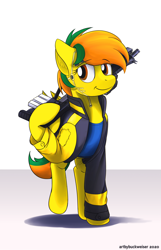 Size: 1932x3000 | Tagged: safe, artist:buckweiser, oc, oc:dual screen, species:pegasus, species:pony, augmented, clothing, female, jacket, ripped, ripped shirt, shirt, sierra nevada, solo, weapon
