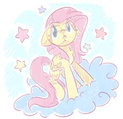 Size: 1212x1164 | Tagged: safe, artist:wavecipher, character:fluttershy, species:pegasus, species:pony, :<, cloud, female, floppy ears, folded wings, mare, on a cloud, raised leg, sketch, solo, standing, stars, wings