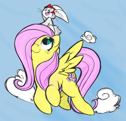 Size: 732x702 | Tagged: safe, artist:0r0ch1, artist:wesleyfoxx, derpibooru original, character:angel bunny, character:fluttershy, species:pegasus, species:pony, species:rabbit, cloud, cute, duo, flying, goggles, hair over one eye, shyabetes, sky