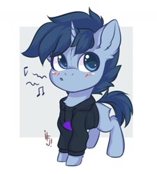 Size: 1200x1331 | Tagged: safe, artist:falafeljake, oc, oc only, oc:tesseract, species:pony, species:unicorn, chibi, clothing, cute, hoodie, male, music notes, simple background, solo, stallion, whistle
