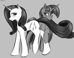 Size: 2000x1576 | Tagged: safe, artist:renarde-louve, character:rarity, character:twilight sparkle, character:twilight sparkle (alicorn), species:alicorn, species:pony, species:unicorn, ship:rarilight, bedroom eyes, black and white, blushing, eyeshadow, female, gray background, grayscale, lesbian, makeup, mare, monochrome, shipping, simple background, tail seduce