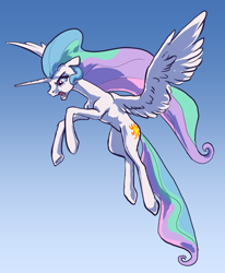 Size: 902x1094 | Tagged: safe, artist:nadnerbd, character:princess celestia, species:alicorn, species:pony, angry, blue background, female, floppy ears, flying, mare, open mouth, profile, simple background, solo, spread wings, wings