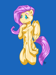 Size: 1350x1800 | Tagged: safe, artist:bastianmage, character:fluttershy, species:anthro, species:pegasus, species:pony, belly button, blue background, breasts, bust, busty fluttershy, digital art, dock, experimental style, featureless breasts, female, no pupils, portrait, shiny, simple background, smiling, solo, three quarter view, upper body