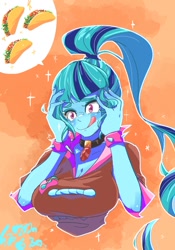 Size: 700x1000 | Tagged: safe, artist:sozglitch, character:sonata dusk, my little pony:equestria girls, blouse, breasts, bust, busty sonata dusk, choker, female, food, gem, hand on head, hands on head, holding head, licking, licking lips, lidded eyes, siren gem, solo, spiked wristband, taco, tongue out, wristband