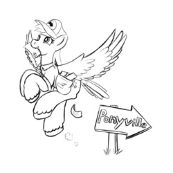 Size: 2000x2000 | Tagged: safe, artist:redquoz, character:derpy hooves, species:pegasus, species:pony, newbie artist training grounds, atg 2020, derp, female, flying, high res, lineart, lost, mailmare, mare, monochrome, simple background, solo, unshorn fetlocks, white background, wings, wrong way