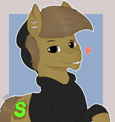 Size: 2490x2647 | Tagged: safe, artist:almond evergrow, oc, oc:almond evergrow, species:earth pony, species:pony, beanie, clothing, hat, heart, smiling, smirk