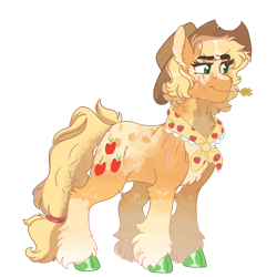 Size: 1280x1280 | Tagged: safe, artist:scarletskitty12, character:applejack, species:earth pony, species:pony, episode:the last problem, g4, my little pony: friendship is magic, alternate hairstyle, chest fluff, clothing, cloven hooves, colored hooves, cowboy hat, ear fluff, female, hat, mare, older, older applejack, scar, scarf, simple background, solo, straw in mouth, transparent background, unshorn fetlocks