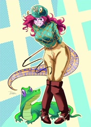 Size: 2335x3260 | Tagged: safe, artist:traupa, character:gummy, character:pinkie pie, species:human, my little pony:equestria girls, alligator, arm behind back, breasts, busty pinkie pie, clothing, cosplay, costume, crossover, diego brando, grin, hat, jojo's bizarre adventure, smiling, steel ball run, tail, whip
