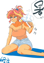 Size: 700x1000 | Tagged: safe, artist:sozglitch, character:sunset shimmer, species:human, my little pony:equestria girls, barefoot, big breasts, blouse, breasts, busty sunset shimmer, clothing, denim shorts, feet, female, japanese, kneeling, ponytail, sexy, shorts, simple background, solo, sweat, sweatdrop