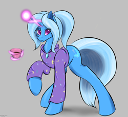 Size: 3610x3305 | Tagged: safe, artist:renarde-louve, character:trixie, species:pony, species:unicorn, alternate hairstyle, babysitter trixie, clothing, cup, female, gray background, hoodie, looking at you, magic, mare, ponytail, simple background, solo, teacup, telekinesis