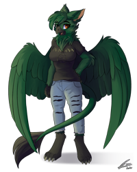 Size: 960x1200 | Tagged: safe, artist:lunar froxy, oc, oc only, oc:nightwing evergreen, species:anthro, species:digitigrade anthro, species:griffon, anthro oc, clothing, female, fluffy, griffon oc, jeans, looking at you, pants, ripped jeans, shirt, simple background, solo, t-shirt, transparent background