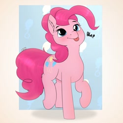 Size: 680x680 | Tagged: safe, artist:almond evergrow, character:pinkie pie, species:earth pony, species:pony, blep, blushing, digital art, fanart, female, mare, tongue out
