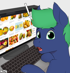 Size: 2618x2726 | Tagged: safe, artist:almond evergrow, oc, oc only, oc:fruitcup, species:bat pony, species:pony, bat pony oc, bat wings, caught, computer, cute, cute little fangs, exclamation point, fangs, food, high res, internet, keyboard, looking at you, male, mango, mangoes, meme, monitor, shocked, solo, stallion, surprised, that batpony sure does love mangoes, wings