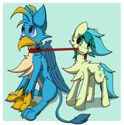 Size: 996x1010 | Tagged: safe, artist:starrypallet, character:gallus, character:sandbar, species:earth pony, species:griffon, species:pony, collar, cute, gallabetes, leash, pet play, sandabetes, simple background, tsundere, wings