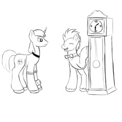 Size: 2000x2000 | Tagged: safe, artist:redquoz, character:doctor whooves, character:time turner, oc, oc:asteral spark, species:pony, newbie artist training grounds, alternate timeline, atg 2020, bow tie, crossover, grandfather clock, happy, sketch, star trot, time travel, unshorn fetlocks