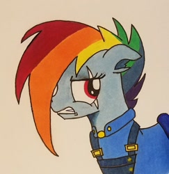 Size: 1417x1460 | Tagged: safe, artist:polar_storm, character:rainbow dash, species:pegasus, species:pony, alternate timeline, apocalypse dash, bust, colored sketch, crystal war timeline, eye scar, female, frown, mare, red eyes, scar, simple background, solo, torn ear, traditional art, white background