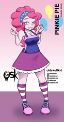 Size: 984x1860 | Tagged: safe, artist:oldskullkid, character:pinkie pie, species:human, my little pony:equestria girls, breasts, cleavage, clothing, converse, cute, diapinkes, female, kneesocks, shoes, smiling, socks, solo, striped socks