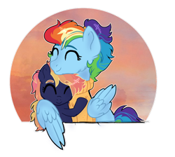 Size: 1024x916 | Tagged: safe, artist:spectrumnightyt, character:rainbow dash, oc, oc:sunday morning, parent:fluttershy, parent:rainbow dash, parents:flutterdash, species:pony, clothing, female, filly, hug, magical lesbian spawn, offspring, older, sweater, winghug