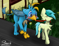 Size: 1037x807 | Tagged: safe, artist:starrypallet, character:gallus, character:sandbar, species:earth pony, species:griffon, species:pony, blushing, chest fluff, collar, cute, cutie mark collar, eyes closed, gallabetes, grin, leash, male, mouth hold, pet play, pet tag, sandabetes, smiling, stallion, wings