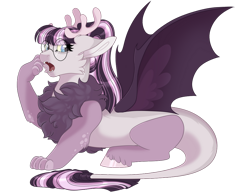 Size: 1024x800 | Tagged: safe, artist:gigason, oc, oc only, parent:discord, parent:twilight sparkle, parents:discolight, species:draconequus, antlers, draconequus oc, fangs, female, glasses, hybrid, interspecies offspring, offspring, open mouth, ponytail, simple background, solo, surprised, transparent background