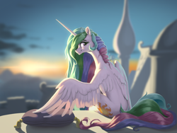 Size: 2224x1668 | Tagged: safe, artist:nadnerbd, character:princess celestia, species:alicorn, species:pony, blurred background, butt, canterlot, canterlot castle, cushion, female, looking at you, looking back, looking back at you, mare, pillow, plot, profile, sitting, smiling, solo, spread wings, sunrise, wings