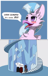 Size: 1200x1889 | Tagged: safe, artist:starrypallet, character:king sombra, character:silverstream, species:hippogriff, species:pony, species:unicorn, dialogue, female, funny, king sombra's stair dimension, male, shipping, sombrastream, speech bubble, stairs, stallion, straight, text, that hippogriff sure does love stairs, that pony sure does love stairs