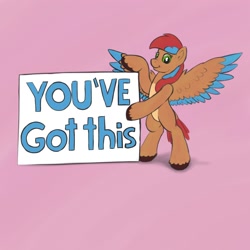 Size: 2000x2000 | Tagged: safe, artist:redquoz, oc, oc:allegra mazarine, species:bird, species:pegasus, species:pony, artist training grounds 2020, bipedal, bird pone, bird tail, blank flank, colored sketch, encouragement, green eyes, hooves, looking at you, paintstorm studio, pegasus oc, sign, simple background, smiling at you, solo, spread wings, two toned mane, two toned wings, wings