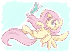 Size: 1029x753 | Tagged: safe, artist:wavecipher, character:fluttershy, species:pegasus, species:pony, butterfly, female, flying, looking at something, looking up, mare, missing cutie mark, solo, spread wings, wings