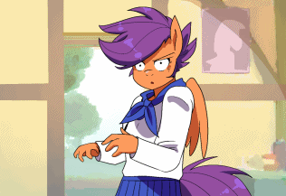 Size: 316x217 | Tagged: safe, artist:traupa, character:scootaloo, species:anthro, species:pegasus, species:pony, animated, anime, anime style, clothing, ear twitch, female, floppy ears, gif, school uniform, skirtaloo