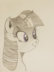 Size: 1661x2216 | Tagged: safe, artist:polar_storm, character:twilight sparkle, character:twilight sparkle (alicorn), species:alicorn, species:pony, bust, female, happy, mare, monochrome, neo noir, partial color, purple eyes, simple background, sketch, solo, traditional art, white background