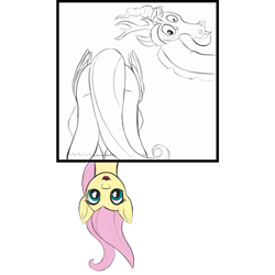 Size: 2000x2000 | Tagged: safe, artist:redquoz, character:discord, character:fluttershy, species:bird, newbie artist training grounds, bird pone, breaking the fourth wall, fangs, long tail, looking at you, simple background, sketch, spirit of chaos, transparent background, upside down
