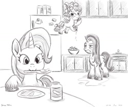 Size: 1024x854 | Tagged: safe, artist:rockhoppr3, character:cozy glow, character:starlight glimmer, character:trixie, species:pegasus, species:pony, species:unicorn, alternate universe, cabinet, cereal box, crackers, food, fruit bowl, hoof hold, kitchen, kitchen sink, monochrome, mouth hold, peanut butter, refrigerator, soda, unshorn fetlocks, wet mane