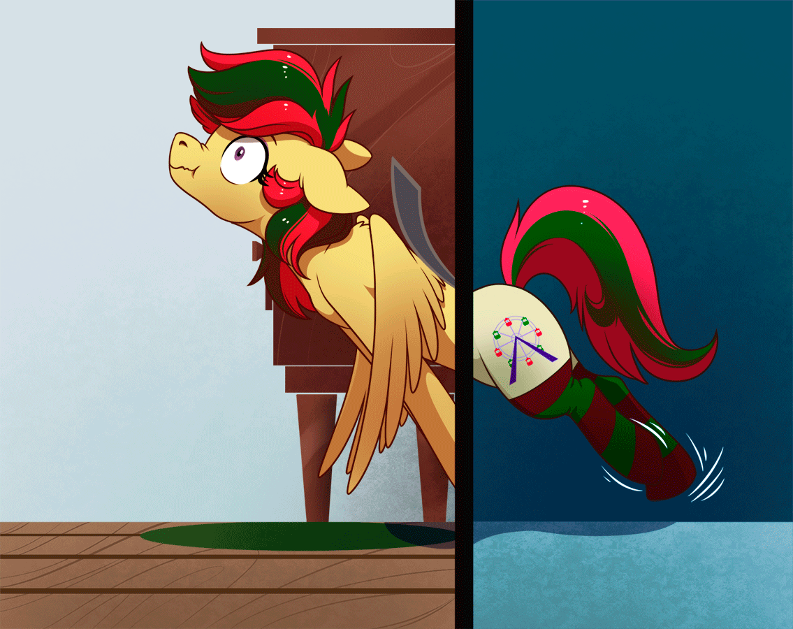 Size: 1135x900 | Tagged: safe, artist:28gooddays, oc, oc only, oc:attraction, species:pegasus, species:pony, adorable distress, animated, clothing, cute, ferris wheel, male, socks, solo, stallion, striped socks, stuck, trap, wings