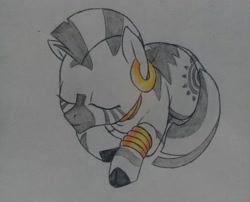 Size: 2448x1977 | Tagged: safe, artist:public mistake, character:zecora, species:zebra, bracelet, cute, ear piercing, earring, eyes closed, female, filly, jewelry, neck rings, piercing, quadrupedal, simple background, sleeping, solo, weapons-grade cute, white background, zecorable