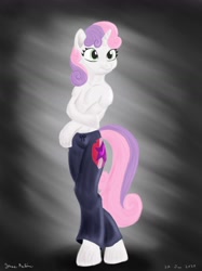 Size: 1280x1707 | Tagged: safe, artist:rockhoppr3, character:sweetie belle, species:anthro, species:pony, species:unguligrade anthro, species:unicorn, arm hooves, clothing, cutie mark, cutie mark on clothes, female, pajamas, pants, partial nudity, semi-anthro, simple background, solo, topless