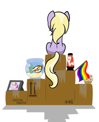 Size: 1881x2319 | Tagged: safe, artist:dinkyuniverse, character:dinky hooves, character:lily longsocks, species:pony, species:unicorn, box, dinkily, female, filly, fish, fish bowl, flag, foal, gay pride flag, koi, lava lamp, lesbian, moving, photo, pride flag, shipping, turned away