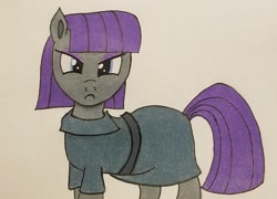 Size: 1788x1290 | Tagged: safe, artist:polar_storm, character:maud pie, species:earth pony, species:pony, blue eyes, clothing, colored, cute, female, frown, mare, maud pie is not amused, maudabetes, simple background, sketch, solo, traditional art, unhappy, white background